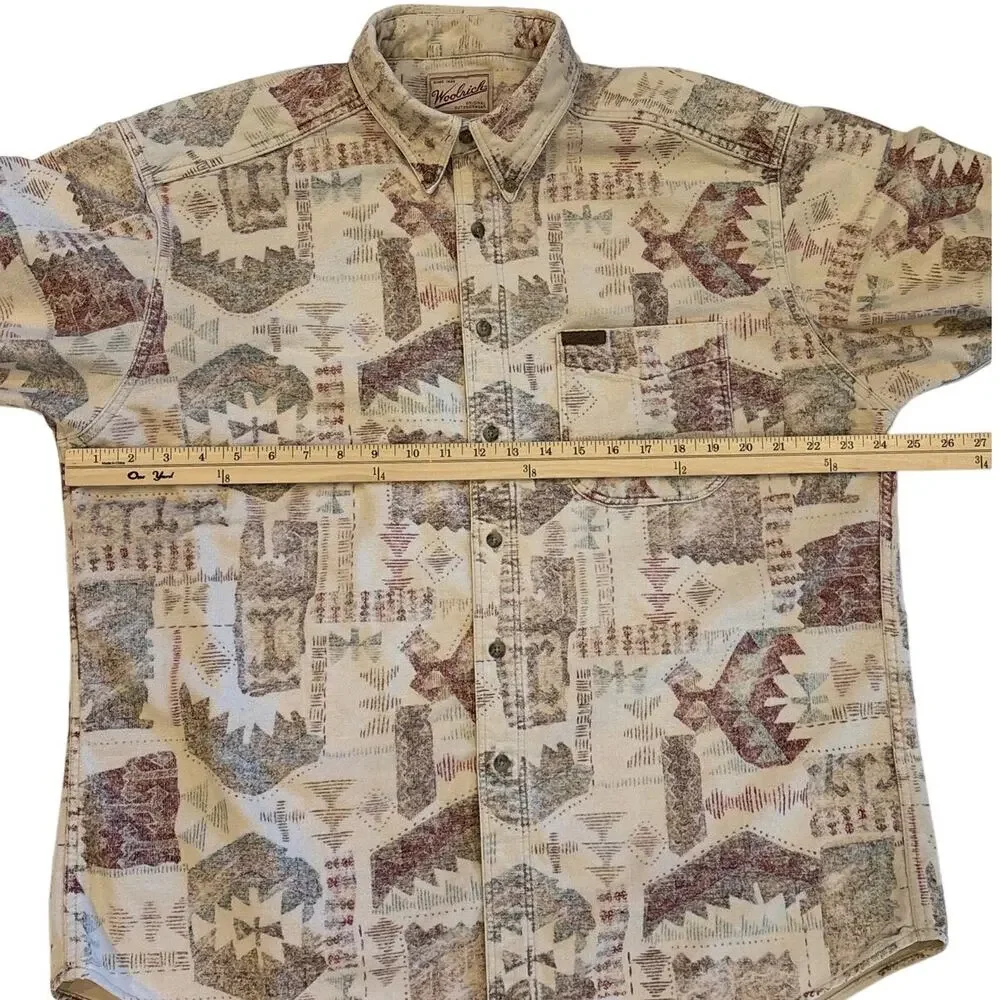 Vtg Woolrich Shirt Mens XL Beige Aztec Chamois Flannel Button Up Long Sleeve USA